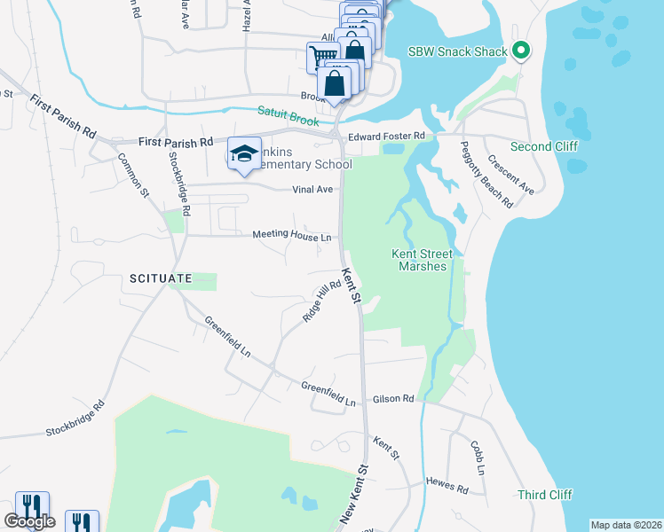 map of restaurants, bars, coffee shops, grocery stores, and more near 60 Kent Street in Scituate