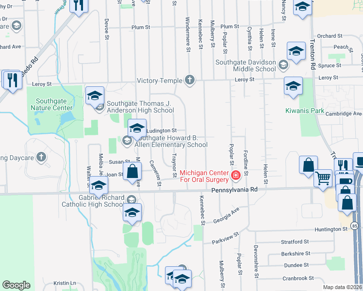 map of restaurants, bars, coffee shops, grocery stores, and more near 16550 Windermere Circle in Southgate