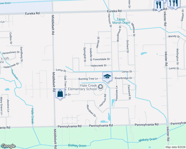 map of restaurants, bars, coffee shops, grocery stores, and more near 28723 Leroy Street in Romulus