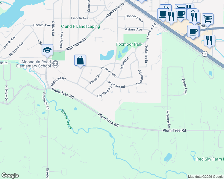 map of restaurants, bars, coffee shops, grocery stores, and more near 24 Ashcroft Court in Fox River Grove