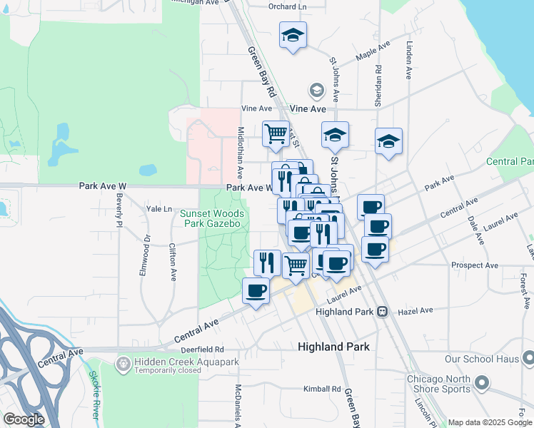 map of restaurants, bars, coffee shops, grocery stores, and more near 1936 Green Bay Road in Highland Park