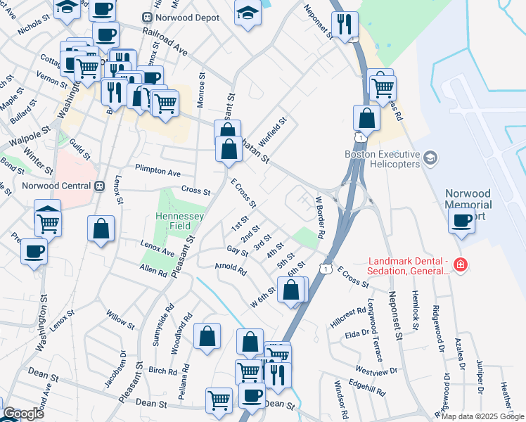 map of restaurants, bars, coffee shops, grocery stores, and more near 62 East Cross Street in Norwood