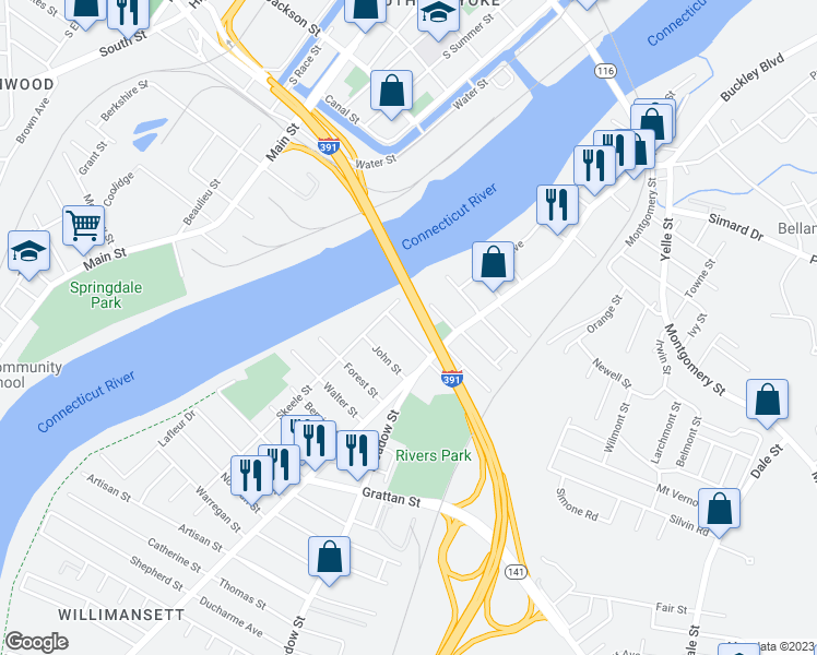map of restaurants, bars, coffee shops, grocery stores, and more near 34 Whitman Street in Chicopee