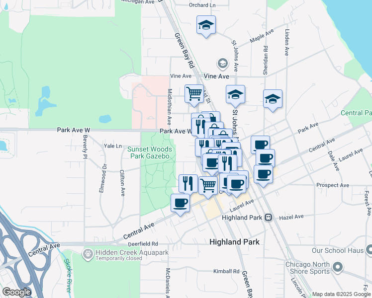 map of restaurants, bars, coffee shops, grocery stores, and more near 1936 Green Bay Road in Highland Park