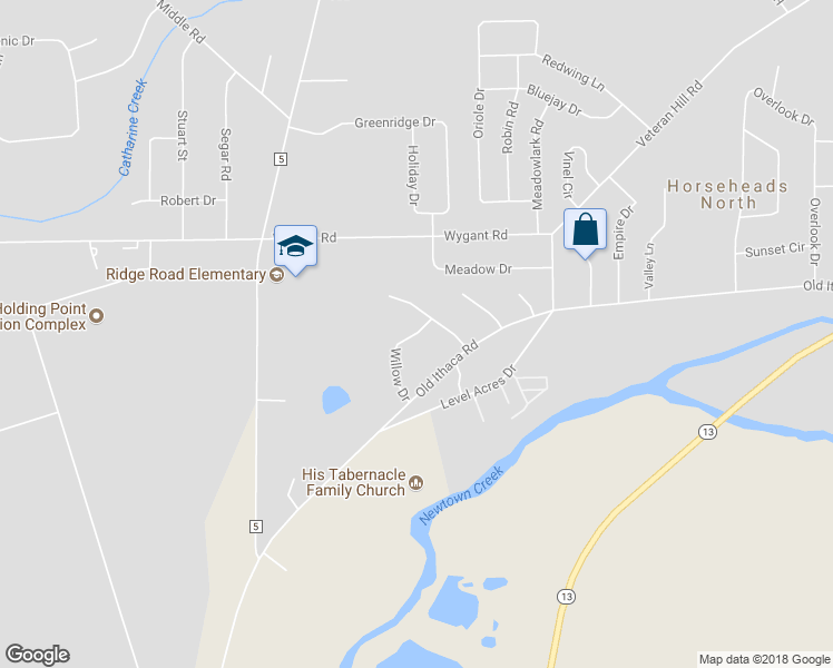 map of restaurants, bars, coffee shops, grocery stores, and more near 118 Willow Drive in Horseheads