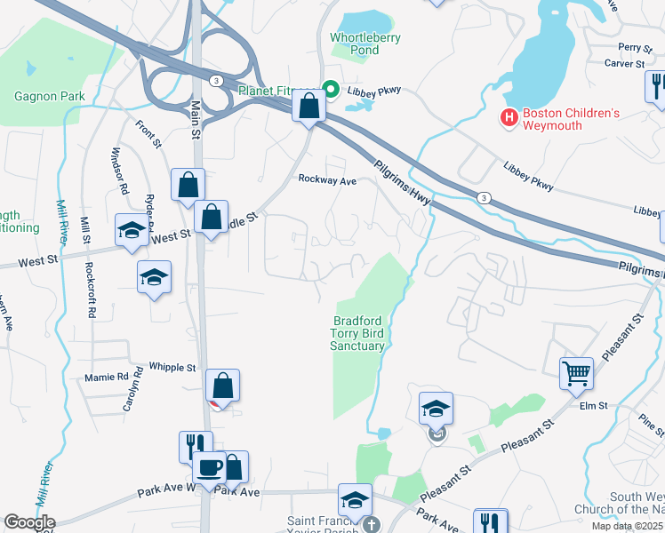 map of restaurants, bars, coffee shops, grocery stores, and more near 57 Old Quarry Drive in Weymouth