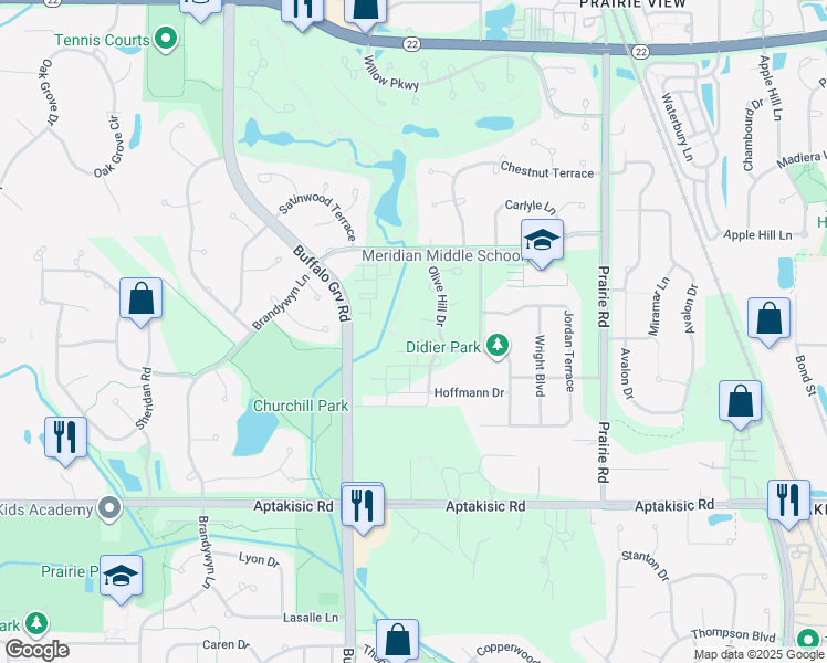 map of restaurants, bars, coffee shops, grocery stores, and more near 266 Saddle Court in Buffalo Grove