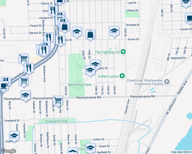 map of restaurants, bars, coffee shops, grocery stores, and more near 4480 18th Street in Wyandotte
