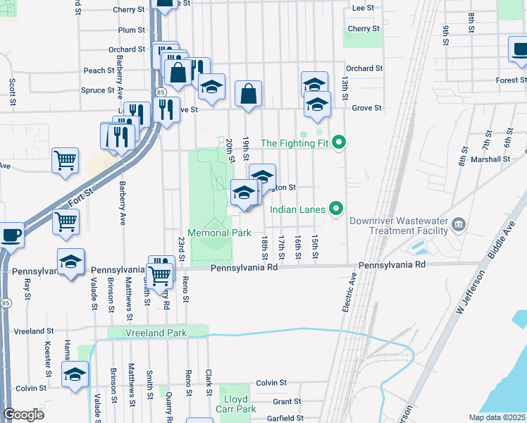 map of restaurants, bars, coffee shops, grocery stores, and more near 4480 18th Street in Wyandotte
