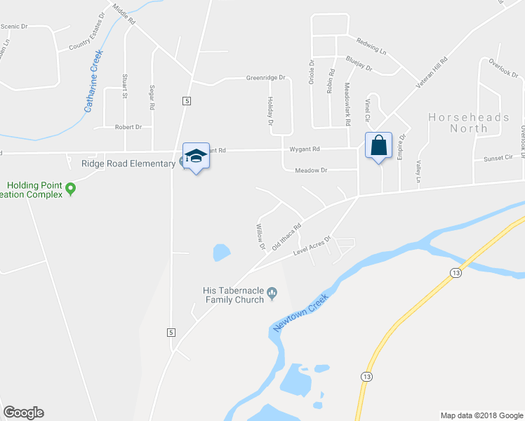 map of restaurants, bars, coffee shops, grocery stores, and more near 127 Willow Drive in Horseheads