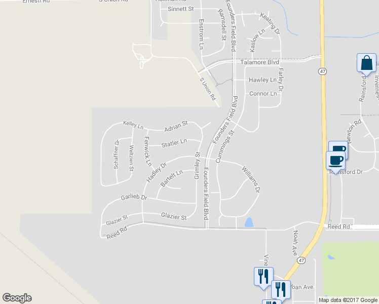 map of restaurants, bars, coffee shops, grocery stores, and more near 12194 Hadley Drive in Huntley