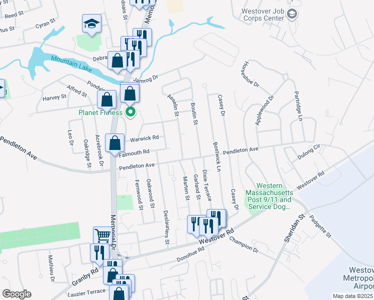 map of restaurants, bars, coffee shops, grocery stores, and more near 19 Asselin Street in Chicopee