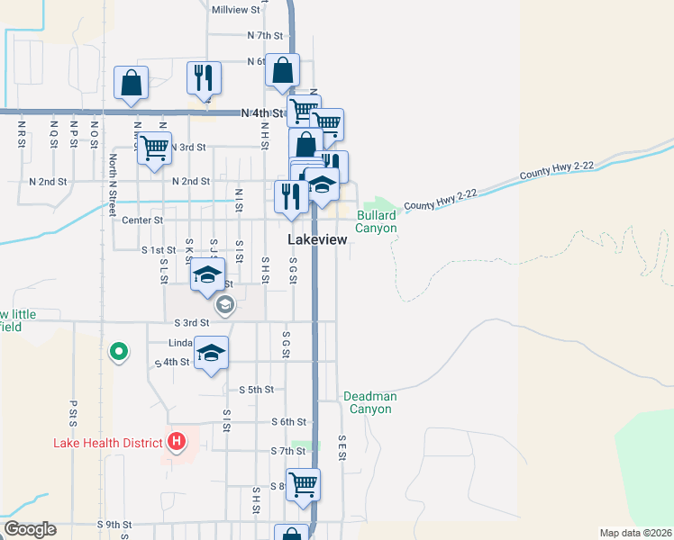 map of restaurants, bars, coffee shops, grocery stores, and more near 160 South E Street in Lakeview