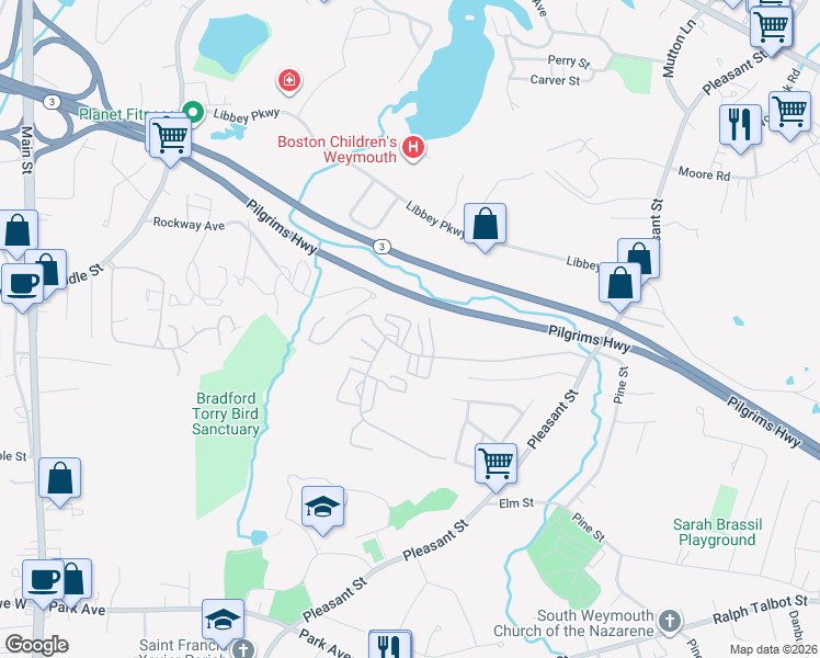 map of restaurants, bars, coffee shops, grocery stores, and more near 171 Tall Oaks Drive in Weymouth