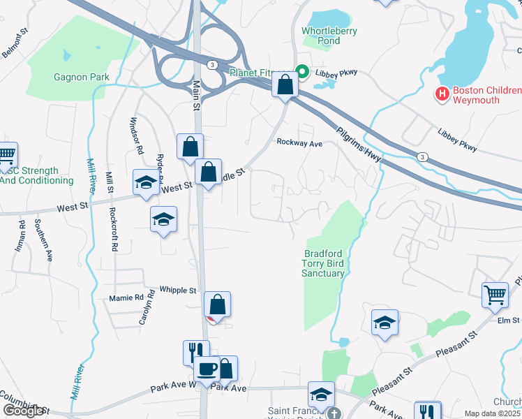 map of restaurants, bars, coffee shops, grocery stores, and more near 80 Mediterranean Drive in Weymouth