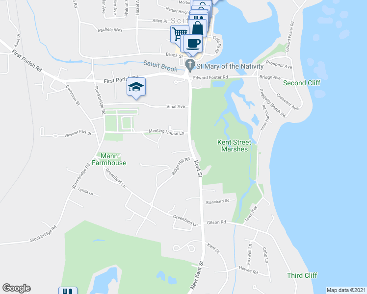 map of restaurants, bars, coffee shops, grocery stores, and more near 60 Kent Street in Scituate