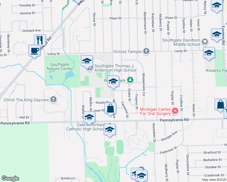 map of restaurants, bars, coffee shops, grocery stores, and more near 16500 McCann Avenue in Southgate