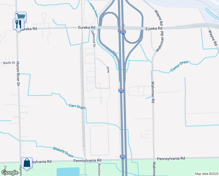 map of restaurants, bars, coffee shops, grocery stores, and more near 16950 Pine in Romulus