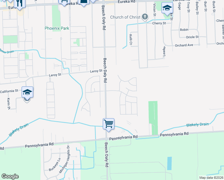 map of restaurants, bars, coffee shops, grocery stores, and more near 16085 Beech Daly Road in Taylor