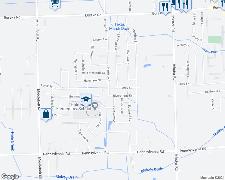 map of restaurants, bars, coffee shops, grocery stores, and more near 28339 Leroy Street in Romulus