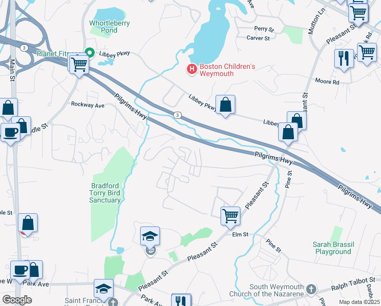 map of restaurants, bars, coffee shops, grocery stores, and more near 159 Tall Oaks Drive in Weymouth