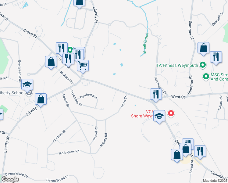 map of restaurants, bars, coffee shops, grocery stores, and more near 41 Otoole Terrace in Braintree