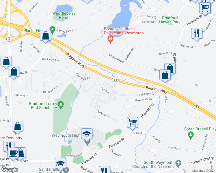 map of restaurants, bars, coffee shops, grocery stores, and more near 171 Tall Oaks Drive in Weymouth