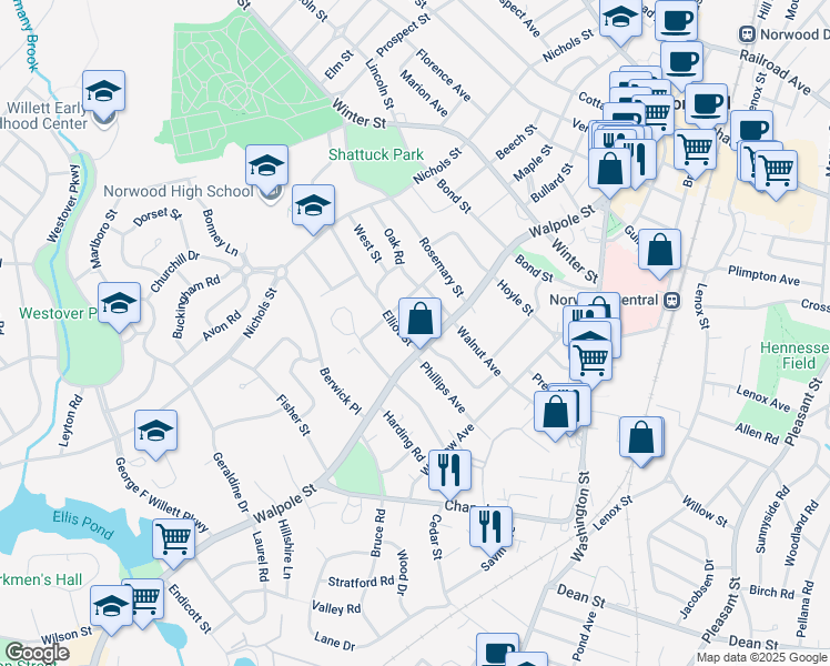 map of restaurants, bars, coffee shops, grocery stores, and more near in Norwood