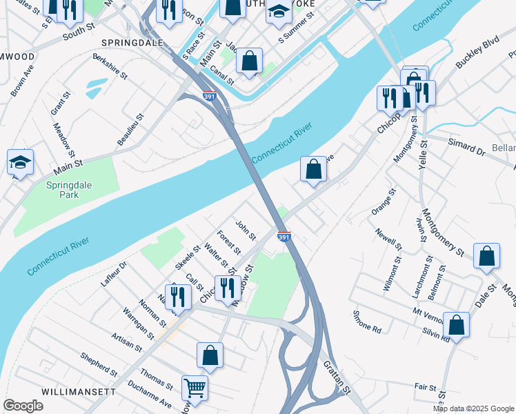 map of restaurants, bars, coffee shops, grocery stores, and more near 34 Whitman Street in Chicopee