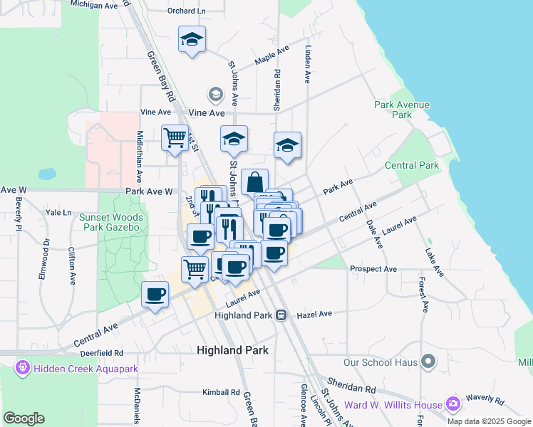 map of restaurants, bars, coffee shops, grocery stores, and more near 1935 Sheridan Road in Highland Park