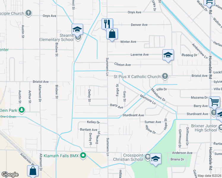 map of restaurants, bars, coffee shops, grocery stores, and more near 4237 Summers Lane in Klamath Falls