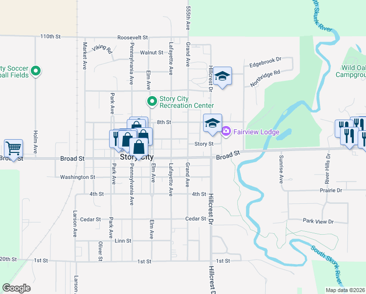 map of restaurants, bars, coffee shops, grocery stores, and more near 609 Grand Avenue in Story City