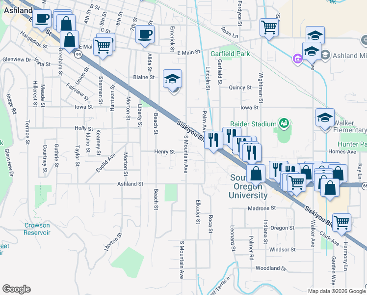 map of restaurants, bars, coffee shops, grocery stores, and more near 1069 Henry Street in Ashland