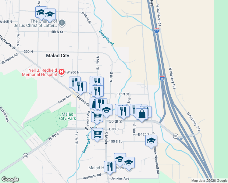 map of restaurants, bars, coffee shops, grocery stores, and more near 56 East 100 North in Malad City