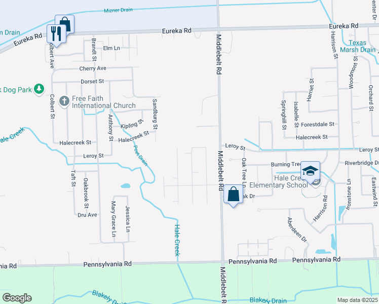 map of restaurants, bars, coffee shops, grocery stores, and more near 16010 Hollywood Street in Romulus