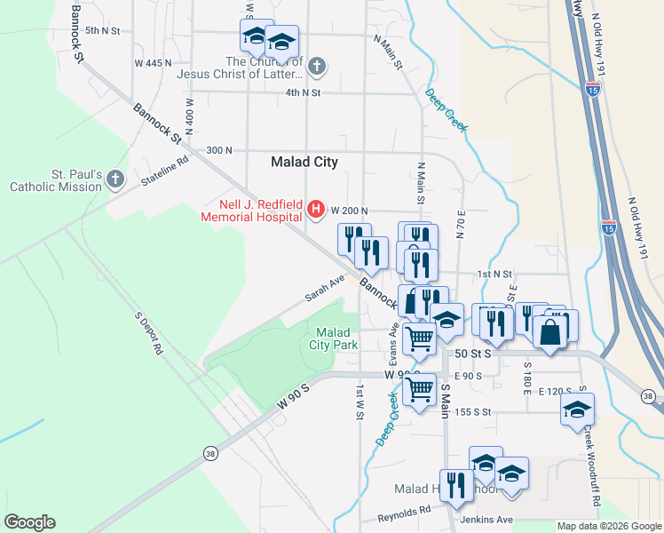 map of restaurants, bars, coffee shops, grocery stores, and more near 137 Bannock Street in Malad City