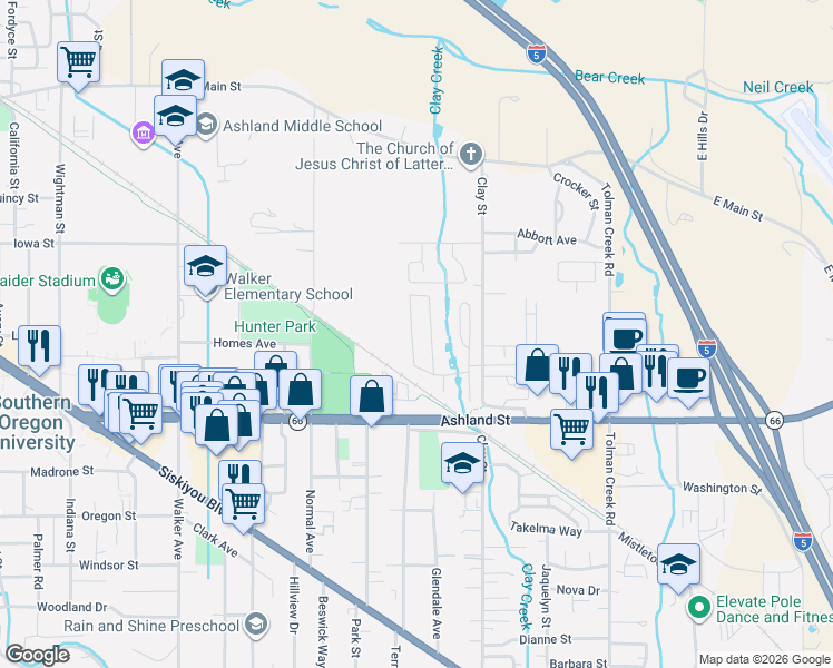 map of restaurants, bars, coffee shops, grocery stores, and more near 321 Clay Street in Ashland