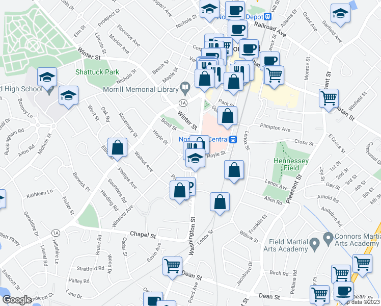 map of restaurants, bars, coffee shops, grocery stores, and more near 57 Hoyle Street in Norwood