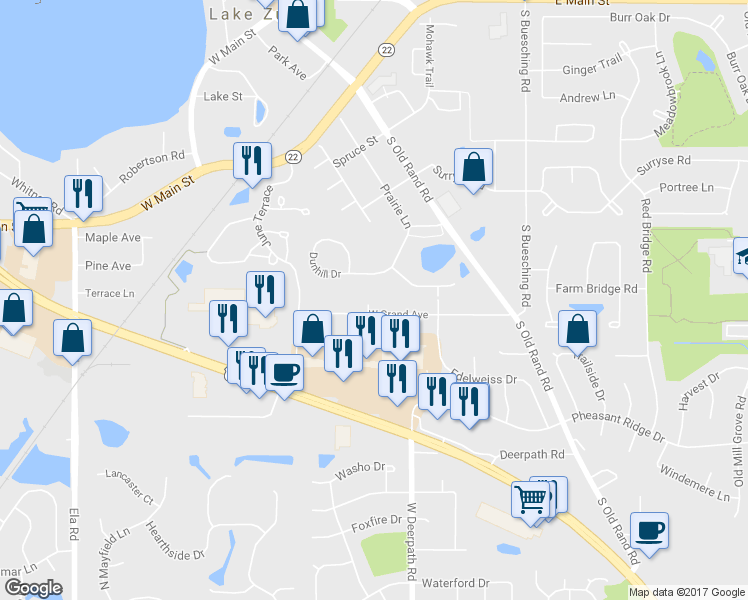 map of restaurants, bars, coffee shops, grocery stores, and more near 362 West Grand Avenue in Lake Zurich