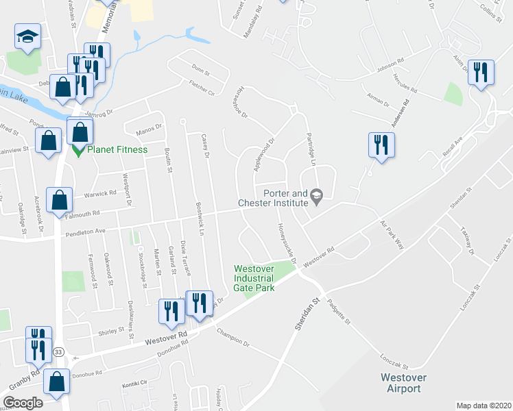 map of restaurants, bars, coffee shops, grocery stores, and more near 14 Applewood Drive in Chicopee