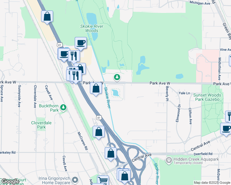 map of restaurants, bars, coffee shops, grocery stores, and more near 1220 Park Avenue West in Highland Park