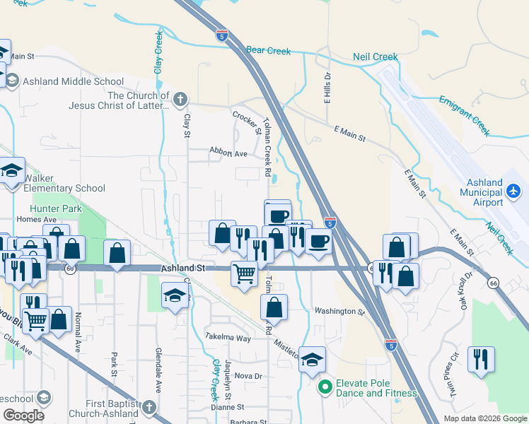map of restaurants, bars, coffee shops, grocery stores, and more near 350 Tolman Creek Road in Ashland