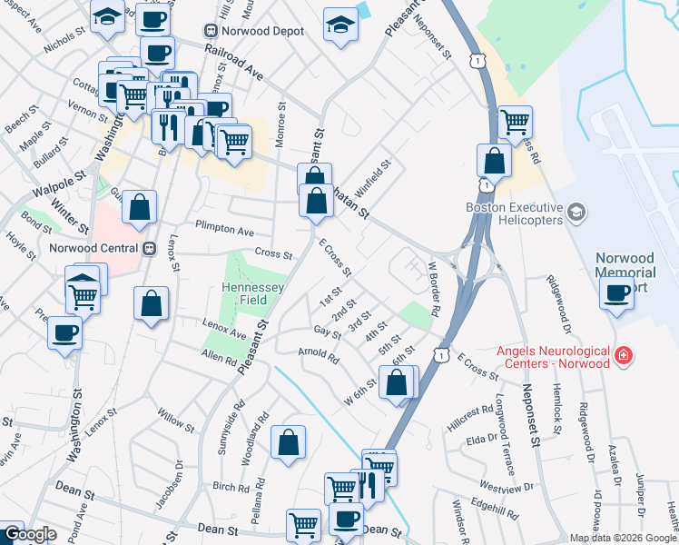 map of restaurants, bars, coffee shops, grocery stores, and more near 24 Sunnyside Road in Norwood