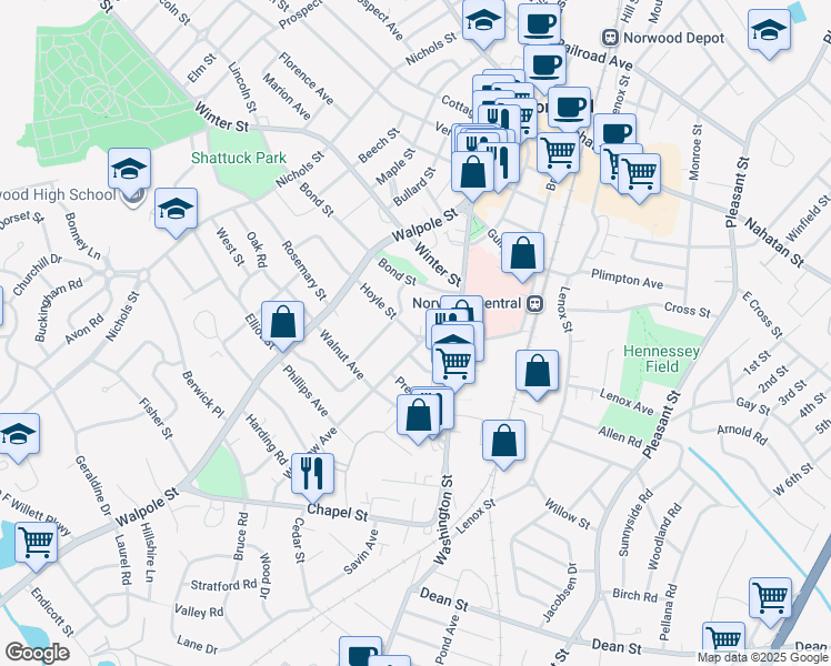 map of restaurants, bars, coffee shops, grocery stores, and more near 51 Winslow Avenue in Norwood