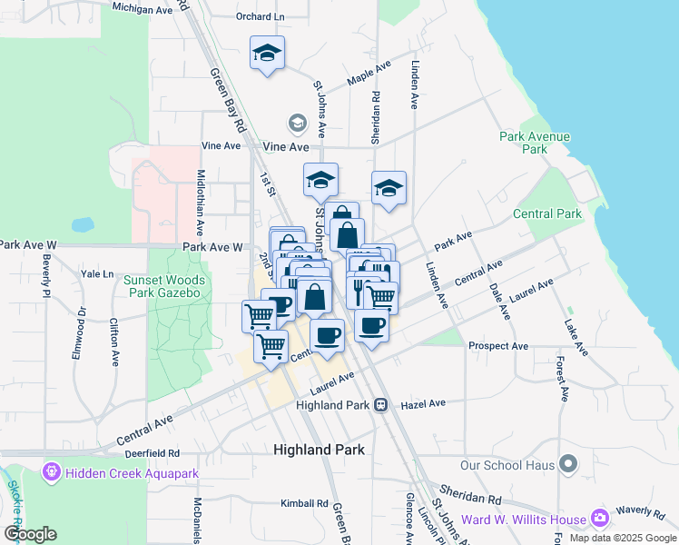 map of restaurants, bars, coffee shops, grocery stores, and more near 1921 Saint Johns Avenue in Highland Park