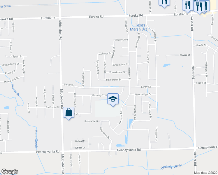 map of restaurants, bars, coffee shops, grocery stores, and more near 28588 Leroy Street in Romulus