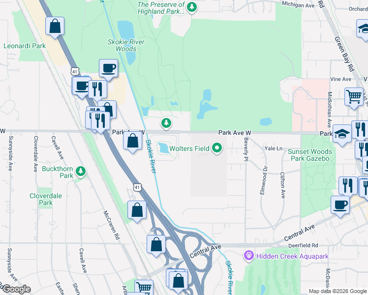 map of restaurants, bars, coffee shops, grocery stores, and more near 1160 Park Avenue West in Highland Park