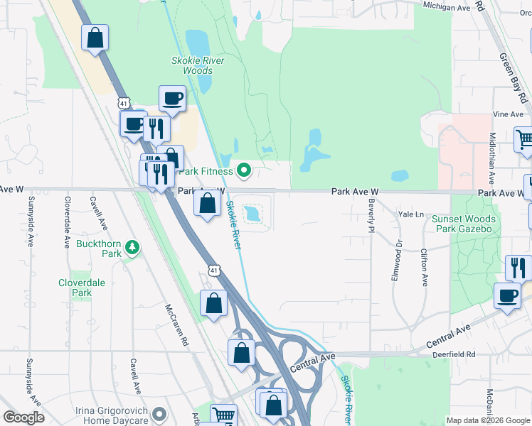 map of restaurants, bars, coffee shops, grocery stores, and more near 1160 Park Avenue West in Highland Park