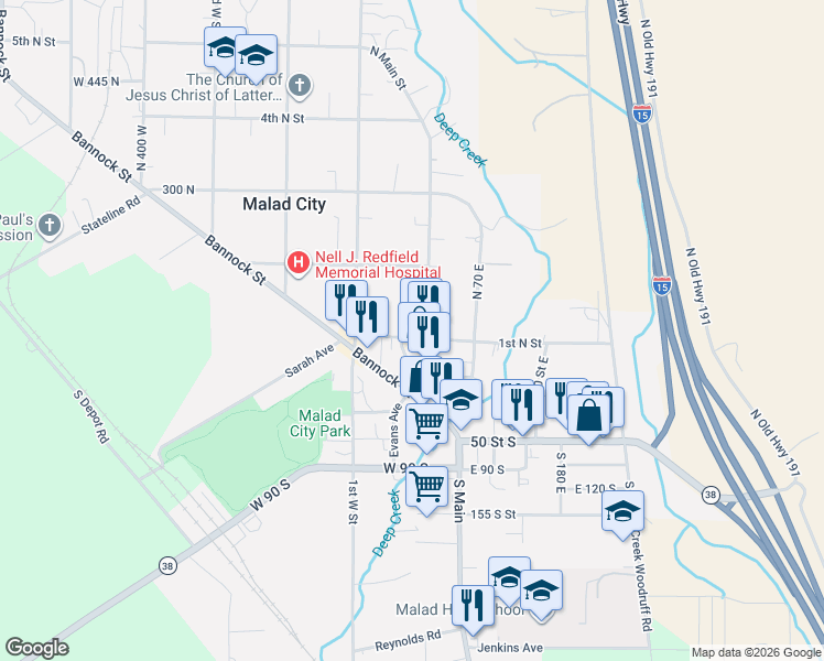 map of restaurants, bars, coffee shops, grocery stores, and more near 115 North Main Street in Malad City