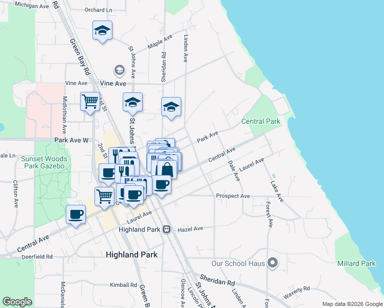 map of restaurants, bars, coffee shops, grocery stores, and more near 1968 Linden Avenue in Highland Park